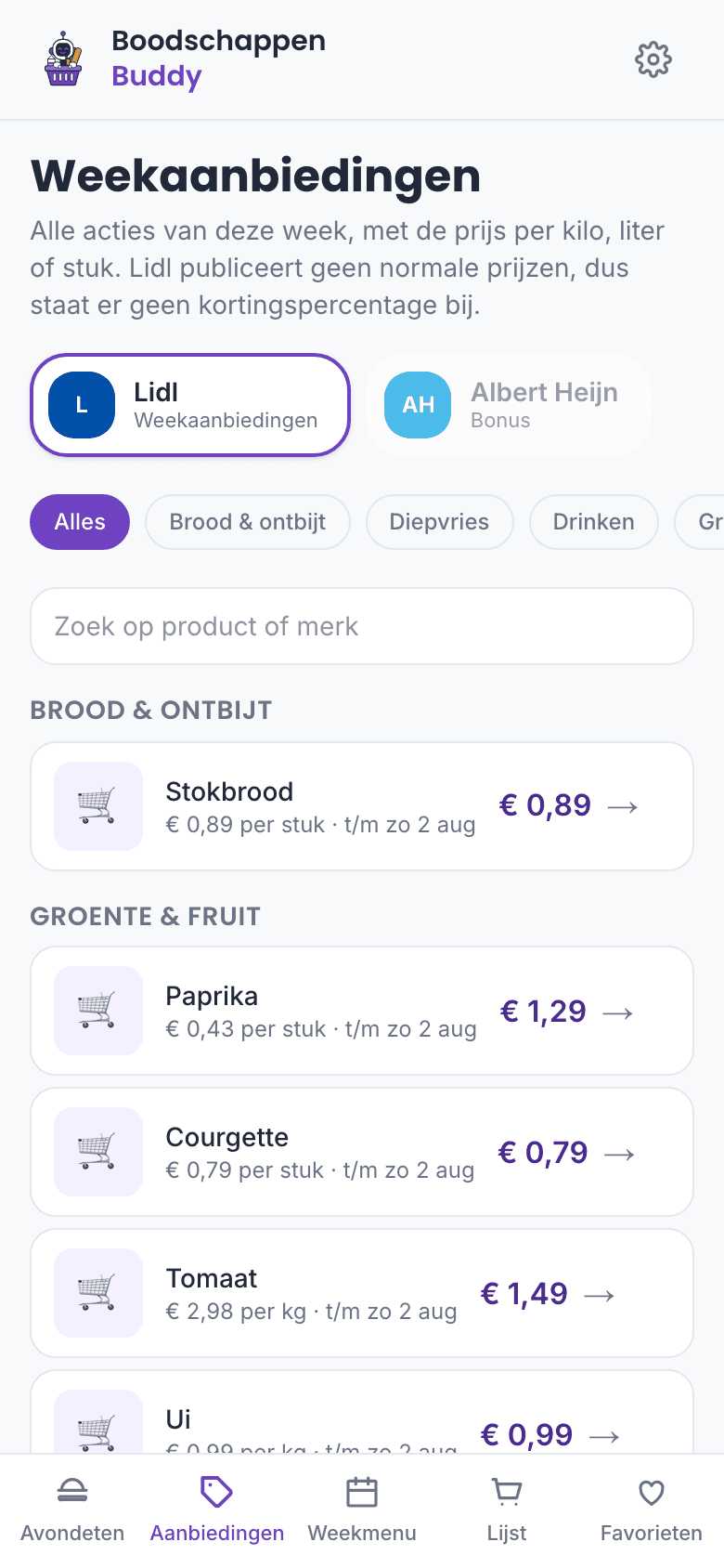 Het aanbiedingenscherm met de aanbiedingen per winkel