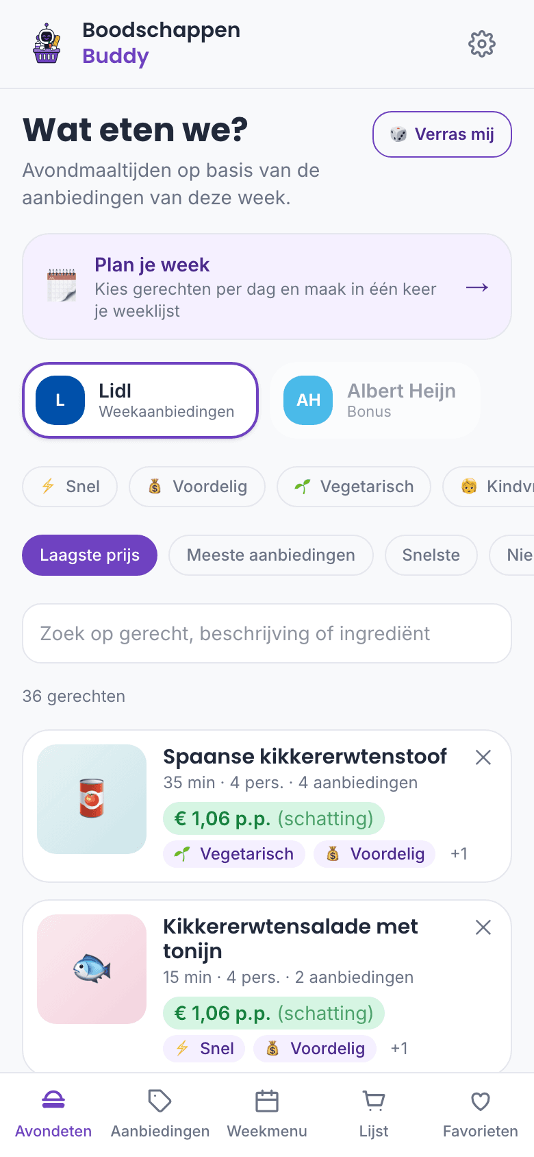 Het avondetenscherm van de app: gerechten met de prijs per portie, gesorteerd op laagste prijs