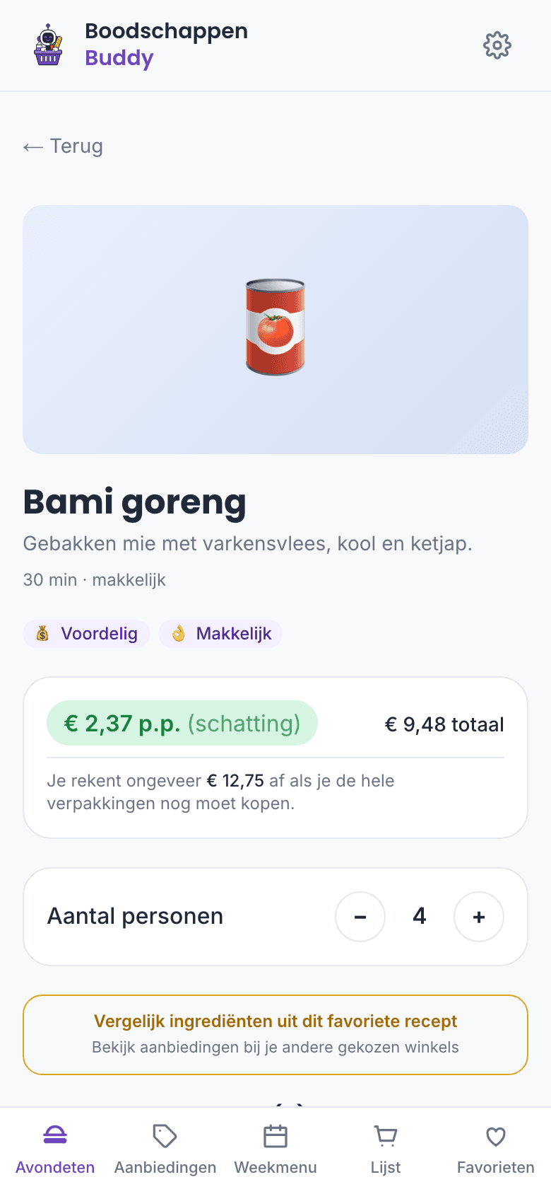 Een gerecht in de app, met de gebruikte aanbiedingen, de prijs per portie en het aantal personen