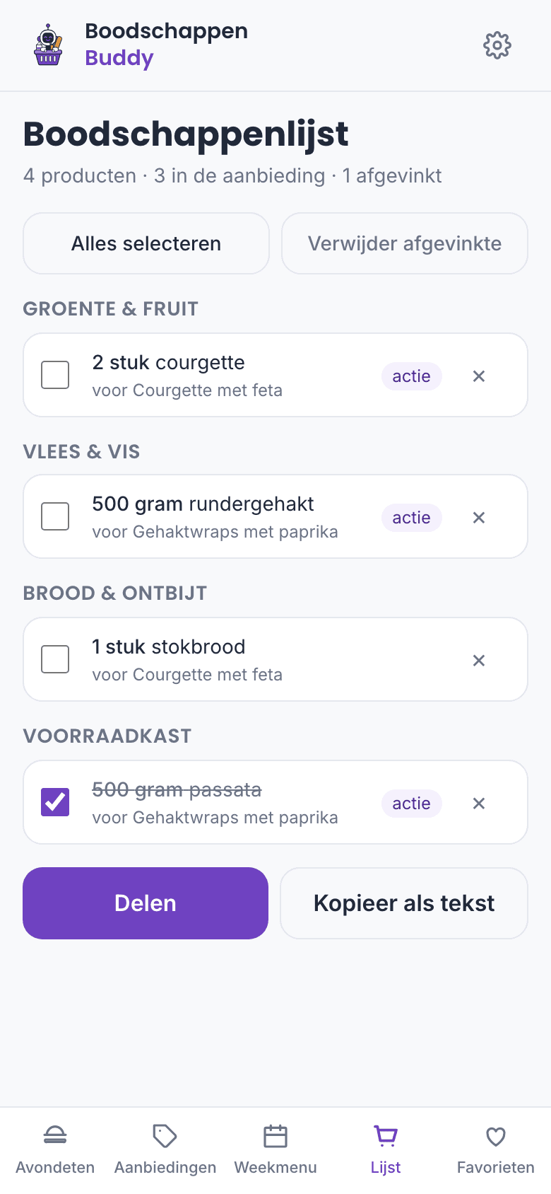 De boodschappenlijst, gegroepeerd per winkelcategorie met afvinkvakjes