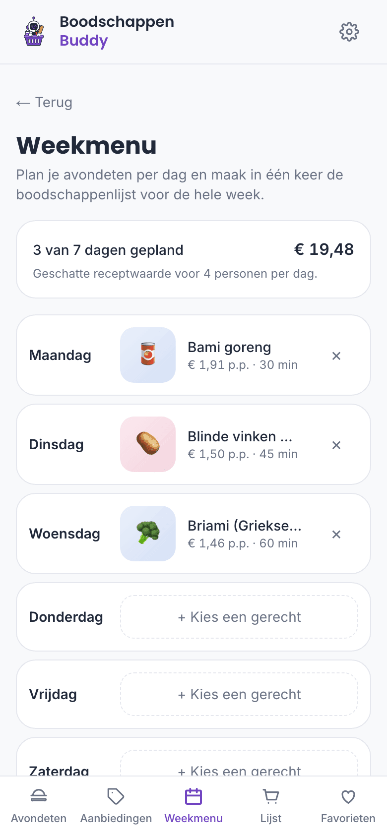 Het weekmenu met gerechten per dag en het totaalbedrag